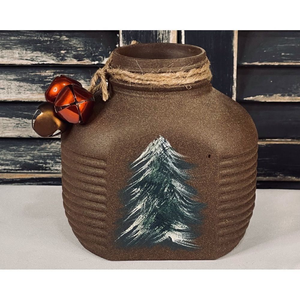 Hand-Painted Large Antique Honey Jar -Glass, Brown Textured with Pine Tree